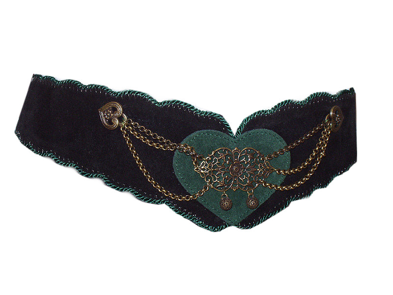 Trachtengürtel Leder Herzel Schwarz-Grün  (G)